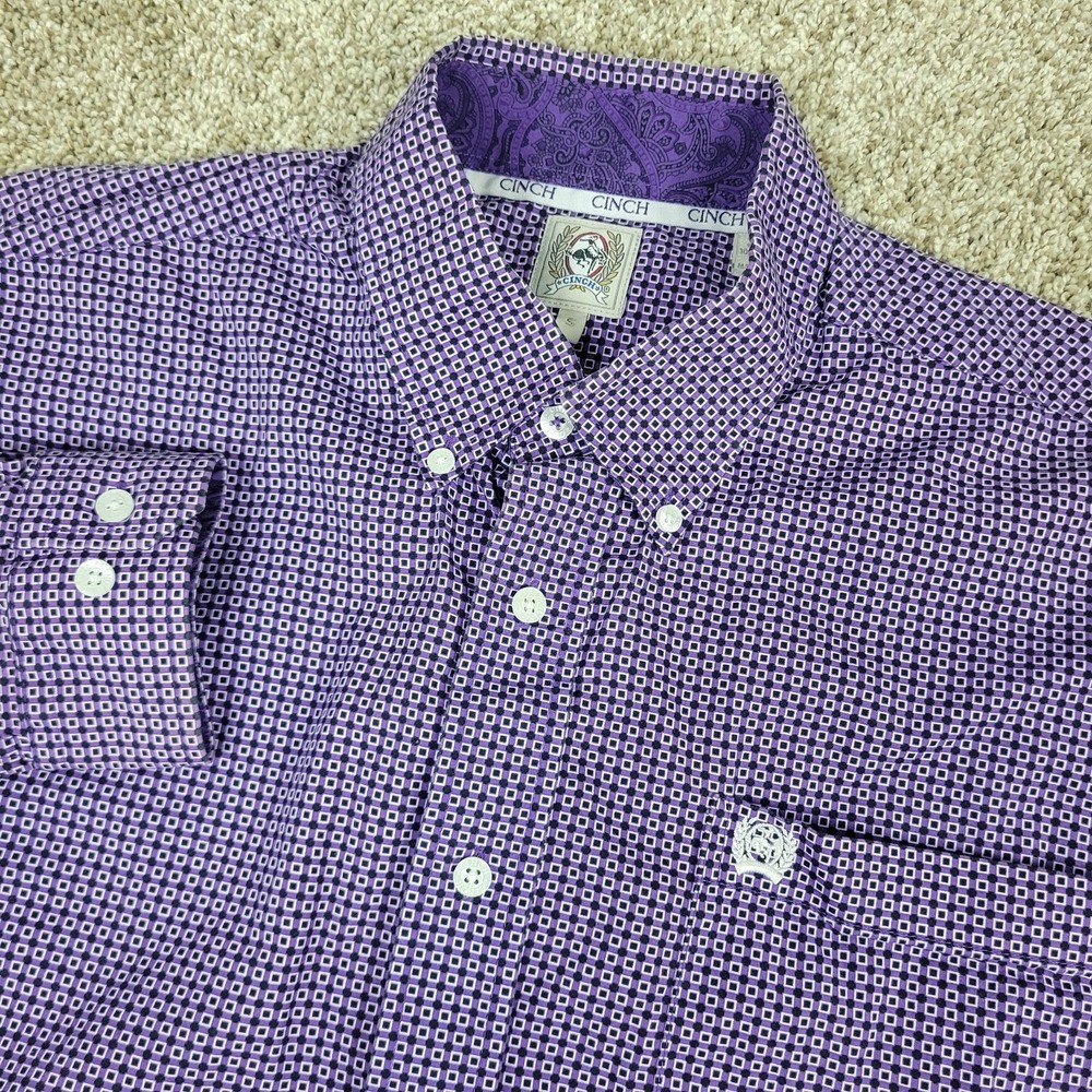 Cinch Mens Small Purple AOP Geometric Button Down Long Sleeve